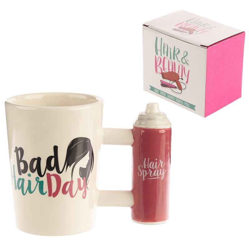 Bad Hair Day Slogan Hair Spray Shaped Handle Ceramic Mug
