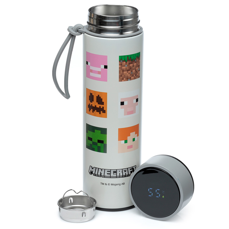 Reusable Stainless Steel Hot & Cold Insulated Drinks Bottle Digital Thermometer - Minecraft Faces
